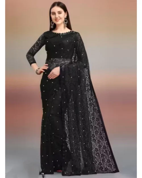 65611-1000x1000-1.webp Generic Women's Net Self Design Saree With Unstitched Blouse 5.5Mtr (Black)