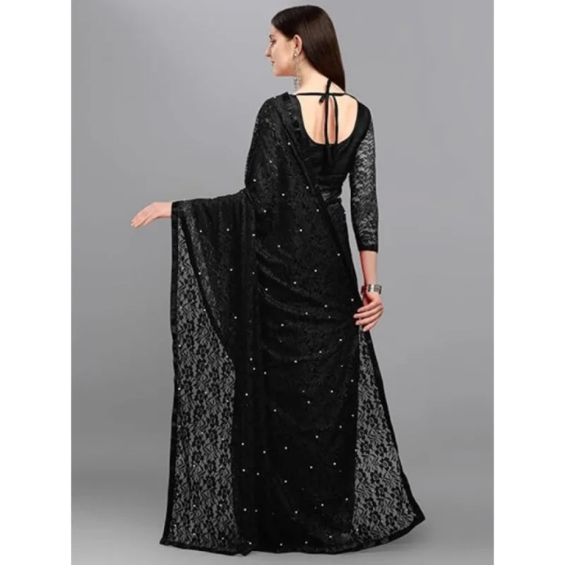 Generic Women's Net Self Design Saree With Unstitched Blouse 5.5Mtr (Black)