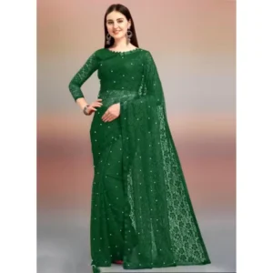 Generic Women's Net Self Design Saree With Unstitched Blouse 5.5Mtr (Green)