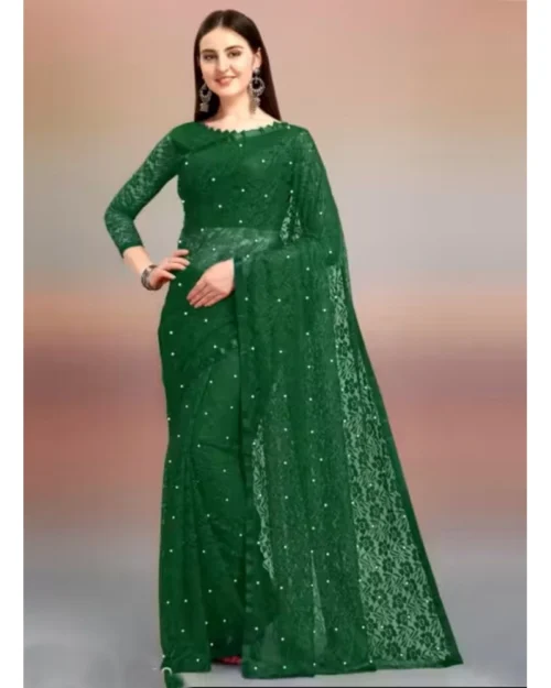 65614-1000x1000-1.webp Generic Women's Net Self Design Saree With Unstitched Blouse 5.5Mtr (Green)
