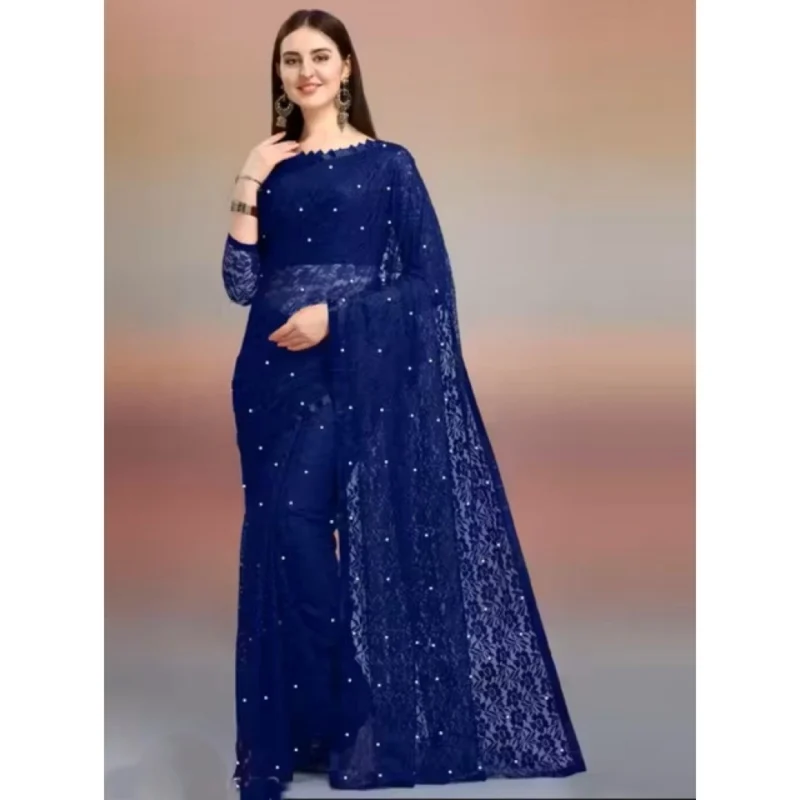 65616-1000x1000-1.webp Generic Women's Net Self Design Saree With Unstitched Blouse 5.5Mtr (Navy Blue)