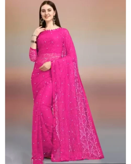 65617-1000x1000-1.webp Generic Women's Net Self Design Saree With Unstitched Blouse 5.5Mtr (Rani)
