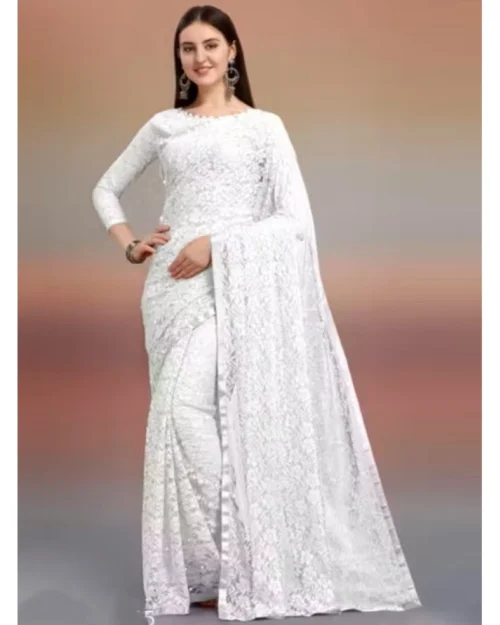 65618-1000x1000-1.webp Generic Women's Net Self Design Saree With Unstitched Blouse 5.5Mtr (White)