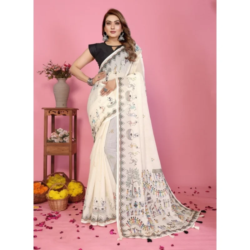 66176-1000x1000-1.webp Generic Women's Linen Cotton Printed Saree With Unstitched Blouse 5.5Mtr (Off White)