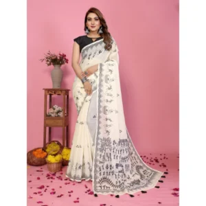 Generic Women's Linen Cotton Printed Saree With Unstitched Blouse 5.5Mtr (Off White)