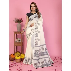 Generic Women's Linen Cotton Printed Saree With Unstitched Blouse 5.5Mtr (Off White)