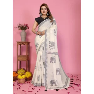 66180-1000x1000-1.webp Generic Women's Linen Cotton Printed Saree With Unstitched Blouse 5.5Mtr (Off White)
