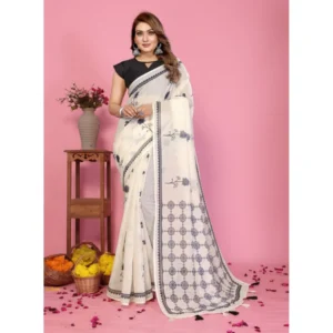Generic Women's Linen Cotton Printed Saree With Unstitched Blouse 5.5Mtr (Off White)