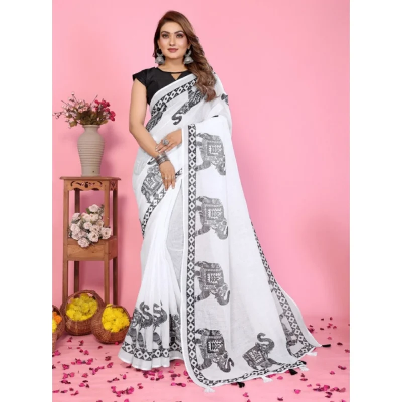 Generic Women's Linen Cotton Printed Saree With Unstitched Blouse 5.5Mtr (White)