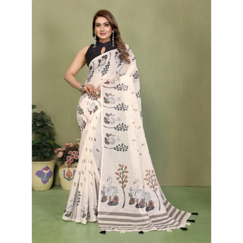 66183-1000x1000-1.webp Generic Women's Linen Cotton Printed Saree With Unstitched Blouse 5.5Mtr (Off White)