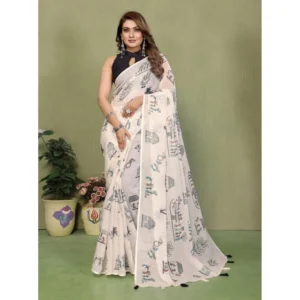 Generic Women's Linen Cotton Printed Saree With Unstitched Blouse 5.5Mtr (Off White)
