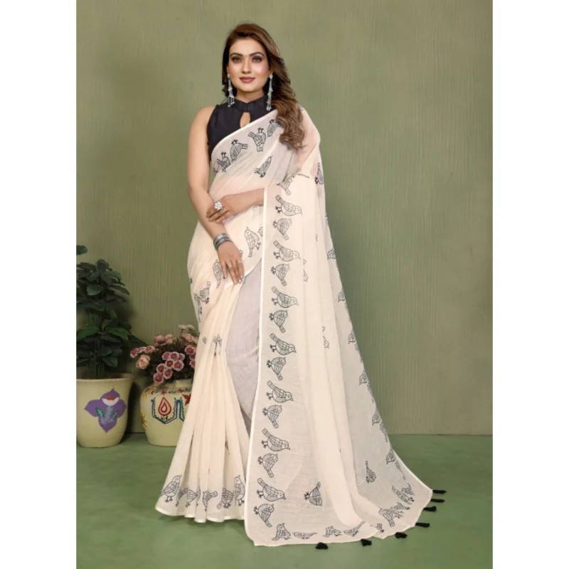 66186-1000x1000-1.webp Generic Women's Linen Cotton Printed Saree With Unstitched Blouse 5.5Mtr (Off White)