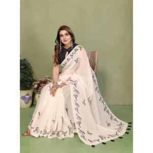 66187-1000x1000-1.webp Generic Women's Linen Cotton Printed Saree With Unstitched Blouse 5.5Mtr (Off White)