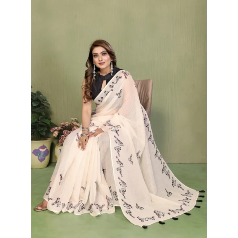 66187-1000x1000-1.webp Generic Women's Linen Cotton Printed Saree With Unstitched Blouse 5.5Mtr (Off White)