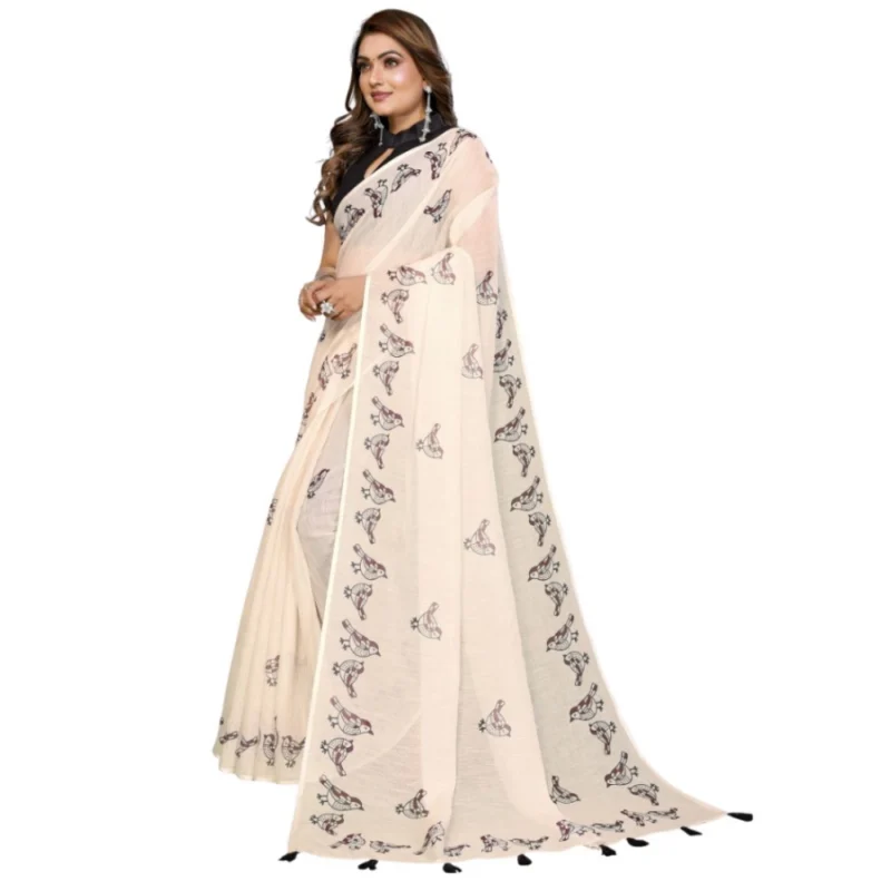 66187-1000x1000-2.webp Generic Women's Linen Cotton Printed Saree With Unstitched Blouse 5.5Mtr (Off White)