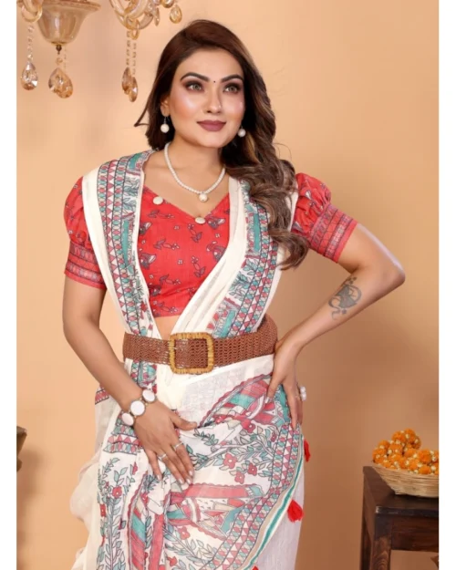 66226-5-1000x1000-1.webp Generic Women's Linen Cotton Printed Saree With Unstitched Blouse 5.5Mtr (Off White)