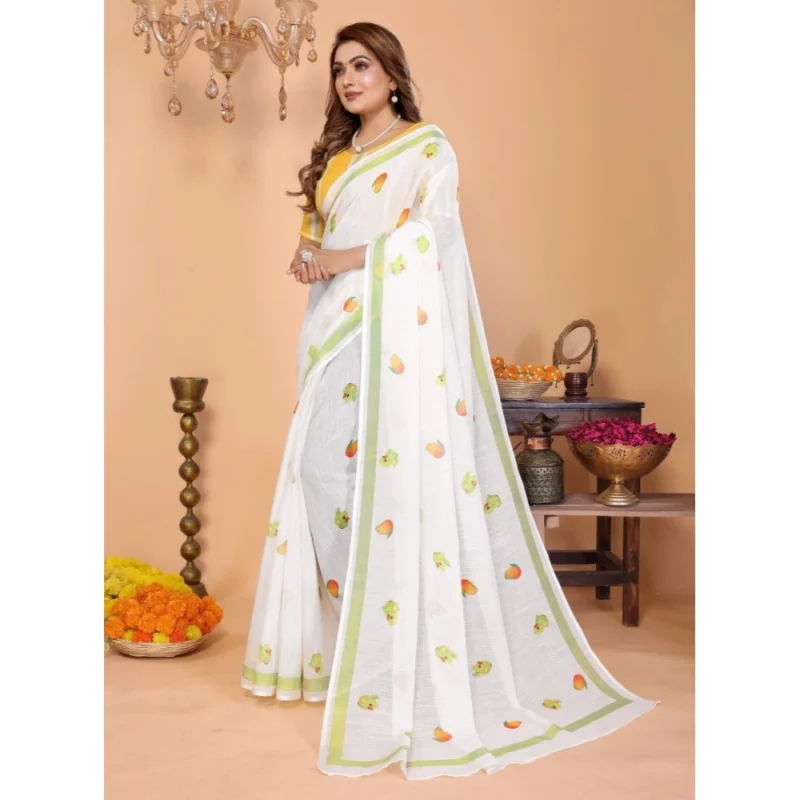 Generic Women's Linen Cotton Printed Saree With Unstitched Blouse 5.5Mtr (White)