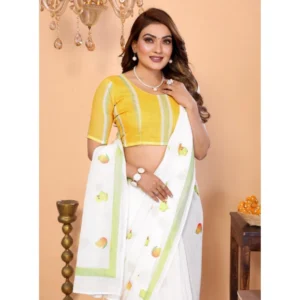 Generic Women's Linen Cotton Printed Saree With Unstitched Blouse 5.5Mtr (White)