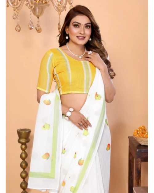 66227-5-1000x1000-1.webp Generic Women's Linen Cotton Printed Saree With Unstitched Blouse 5.5Mtr (White)