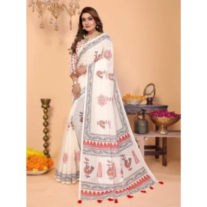 Generic Women's Linen Cotton Printed Saree With Unstitched Blouse 5.5Mtr (Off White)