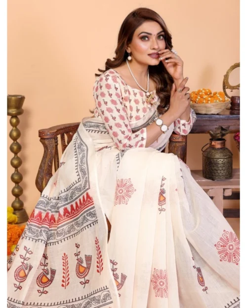 66228-5-1000x1000-1.webp Generic Women's Linen Cotton Printed Saree With Unstitched Blouse 5.5Mtr (Off White)