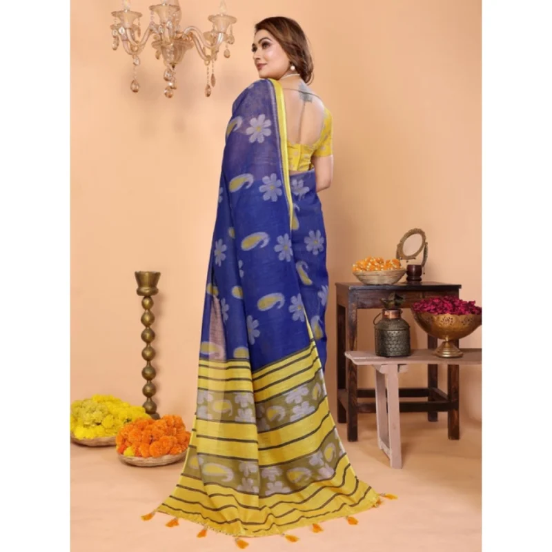 Generic Women's Linen Cotton Printed Saree With Unstitched Blouse 5.5Mtr (Blue)