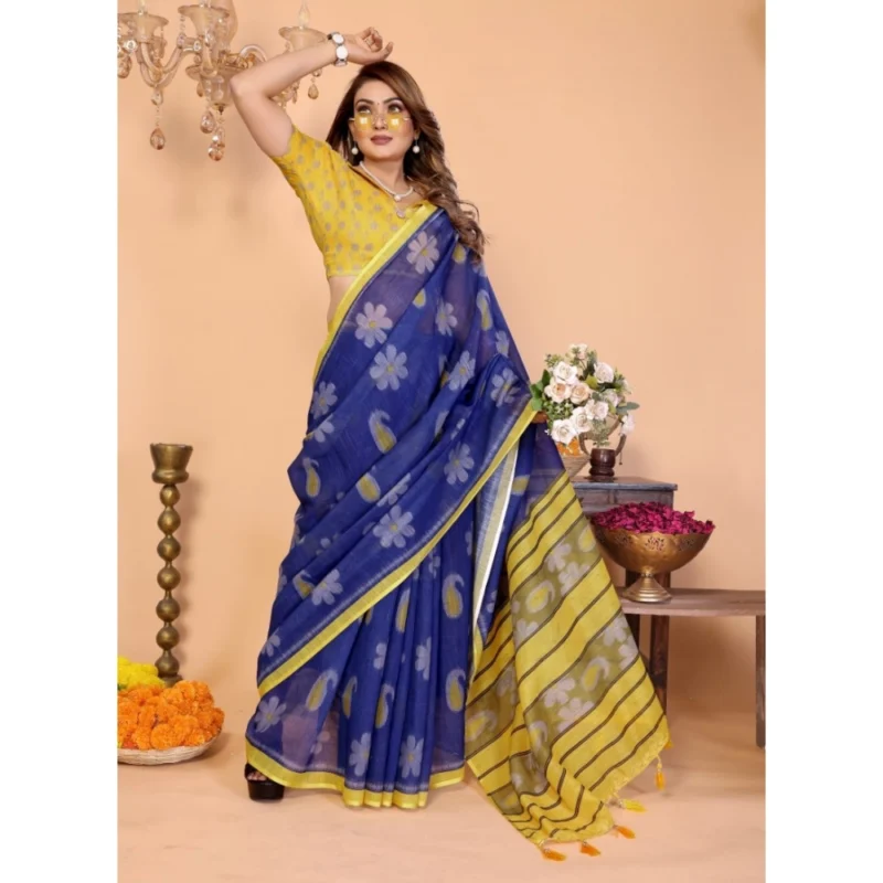 Generic Women's Linen Cotton Printed Saree With Unstitched Blouse 5.5Mtr (Blue)