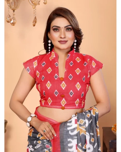66230-5-1000x1000-1.webp Generic Women's Linen Cotton Printed Saree With Unstitched Blouse 5.5Mtr (Grey)