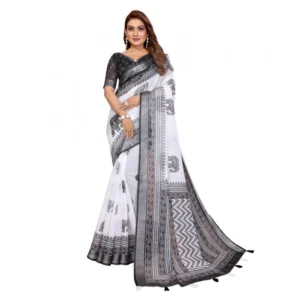 66231-1-1000x1000-1.webp Generic Women's Linen Cotton Printed Saree With Unstitched Blouse 5.5Mtr (White-Black)