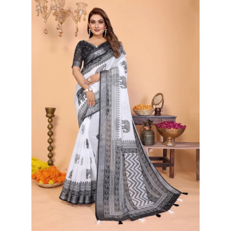 66231-1000x1000-1.webp Generic Women's Linen Cotton Printed Saree With Unstitched Blouse 5.5Mtr (White-Black)