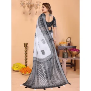 66231-2-1000x1000-1.webp Generic Women's Linen Cotton Printed Saree With Unstitched Blouse 5.5Mtr (White-Black)