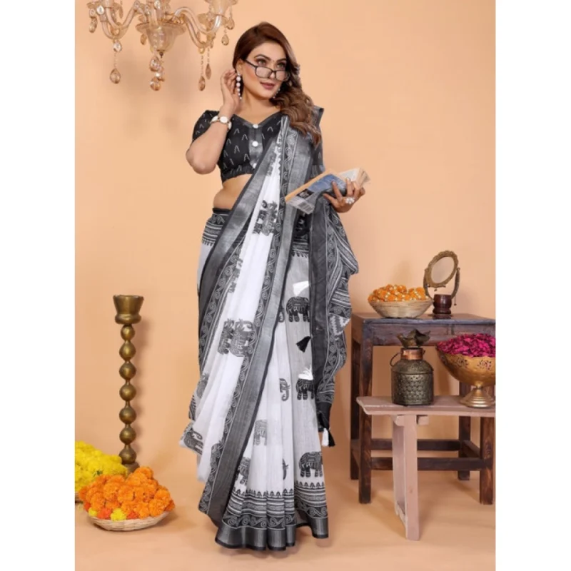 66231-3-1000x1000-1.webp Generic Women's Linen Cotton Printed Saree With Unstitched Blouse 5.5Mtr (White-Black)