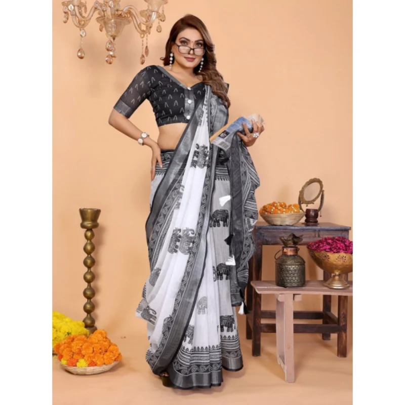 66231-4-1000x1000-1.webp Generic Women's Linen Cotton Printed Saree With Unstitched Blouse 5.5Mtr (White-Black)