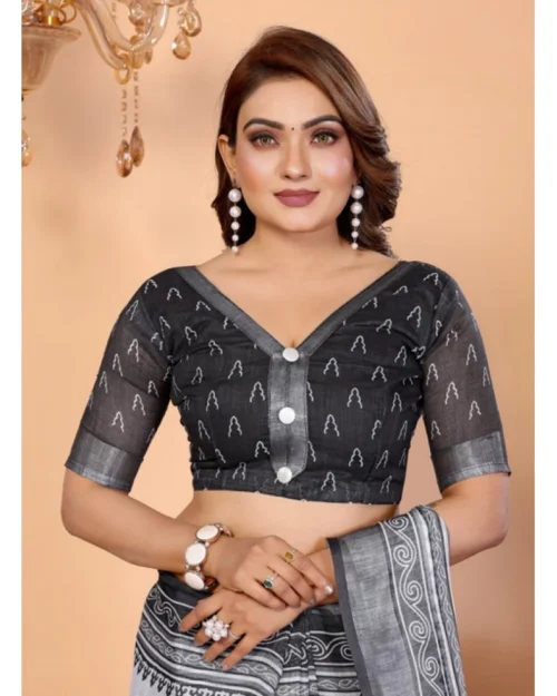 66231-5-1000x1000-1.webp Generic Women's Linen Cotton Printed Saree With Unstitched Blouse 5.5Mtr (White-Black)