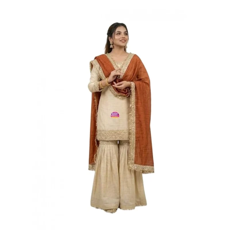 66488-1000x1000-1.webp Generic Women's Silk Embroidered 3/4th Sleeve V-Neck Kurti With Sharara Pant and Dupatta Set (Cream & Orange)