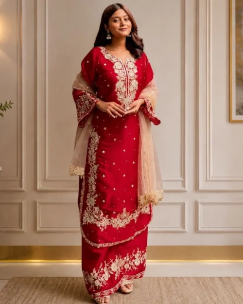 Generic Women's Silk Embroidered 3/4th Sleeve Round Readymade Kurti With Palazzo Pant and Dupatta Set (Red)