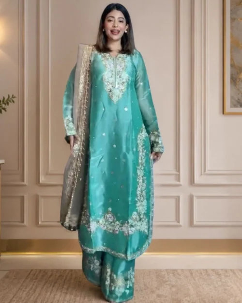 Generic Women's Silk Embroidered 3/4th Sleeve Round Readymade Kurti With Palazzo Pant and Dupatta Set (Sea Green)