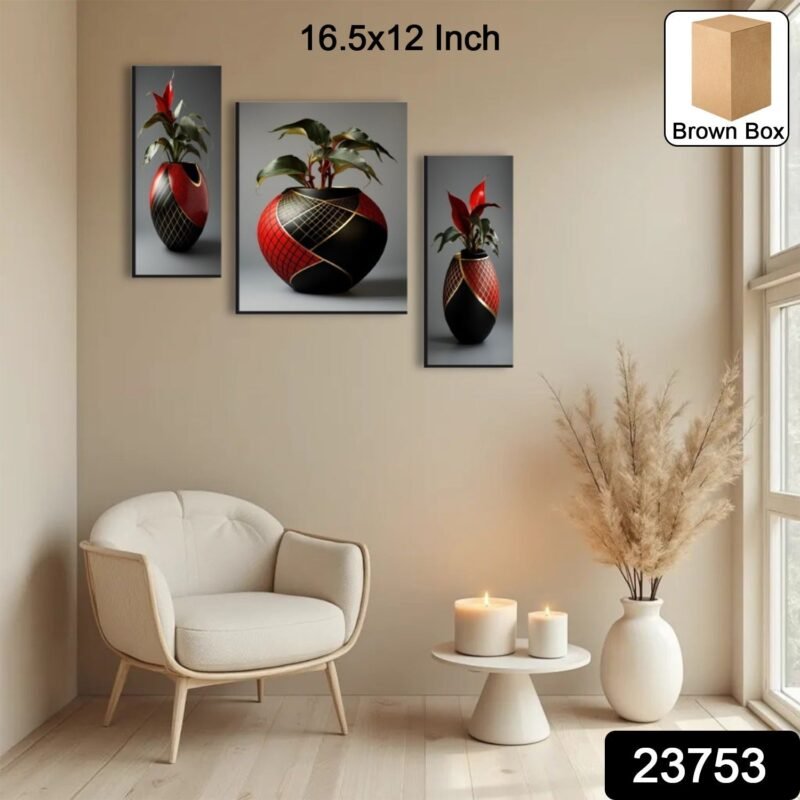 Flower Vase Wall Art � Vibrant Floral 3-Panel MDF Frame