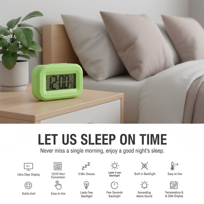 Digital Alarm Clock – Clear Display with Date & Temperature