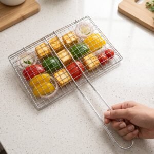 BBQFishMeat-05.jpg Stainless Steel BBQ Grill Mesh � Foldable & Durable for Outdoor Cooking