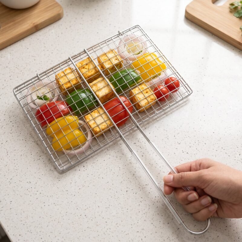 BBQFishMeat-05.jpg Stainless Steel BBQ Grill Mesh � Foldable & Durable for Outdoor Cooking