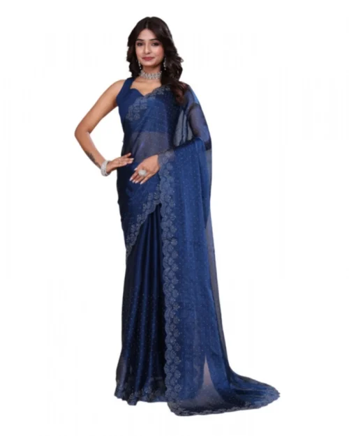 Generic Women's Jimmy choo Embellished Bollywood Saree With Unstitched Blouse 5.5Mtr (Blue)