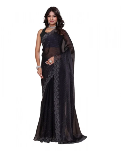 Generic Women's Jimmy choo Embellished Bollywood Saree With Unstitched Blouse 5.5Mtr (Black)