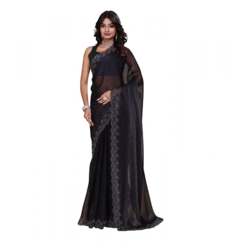 BSB178-SAZYYYmych-1-Blk-Main-1000x1000-1.webp Generic Women's Jimmy choo Embellished Bollywood Saree With Unstitched Blouse 5.5Mtr (Black)