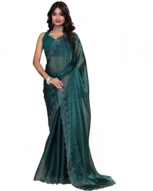 Generic Women's Jimmy choo Embellished Bollywood Saree With Unstitched Blouse 5.5Mtr (Green)