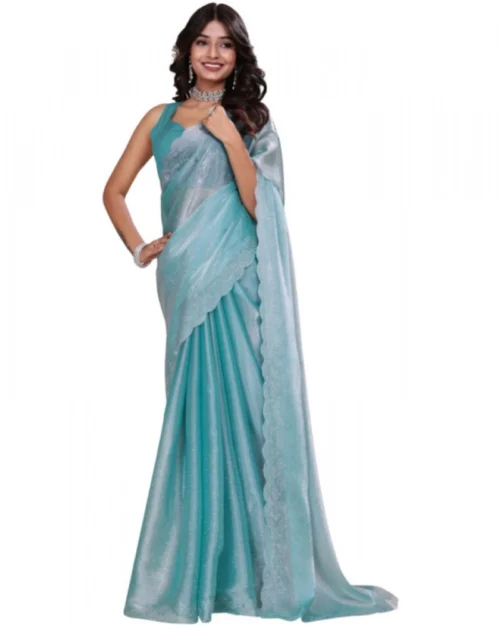 Generic Women's Jimmy choo Embellished Bollywood Saree With Unstitched Blouse 5.5Mtr (Light Blue)