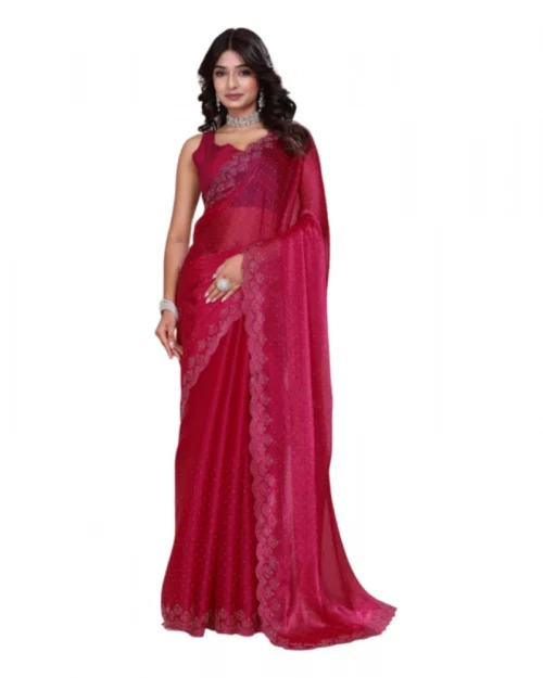 Generic Women's Jimmy choo Embellished Bollywood Saree With Unstitched Blouse 5.5Mtr (Red)