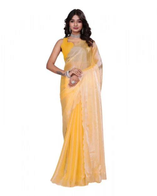 Generic Women's Tissue Pure Silk Embellished Bollywood Saree With Unstitched Blouse 5.5Mtr (Yellow)
