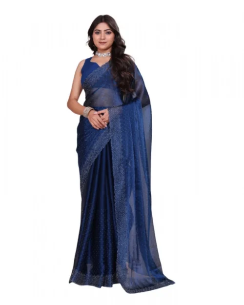 Generic Women's Jimmy choo Embellished Bollywood Saree With Unstitched Blouse 5.5Mtr (Blue)