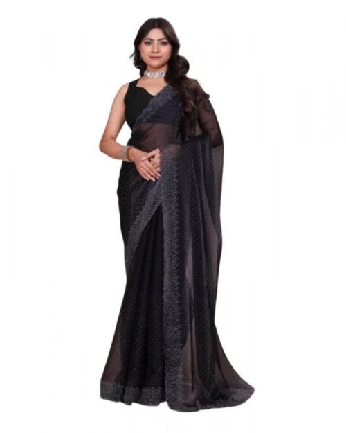 Generic Women's Jimmy choo Embellished Bollywood Saree With Unstitched Blouse 5.5Mtr (Black)